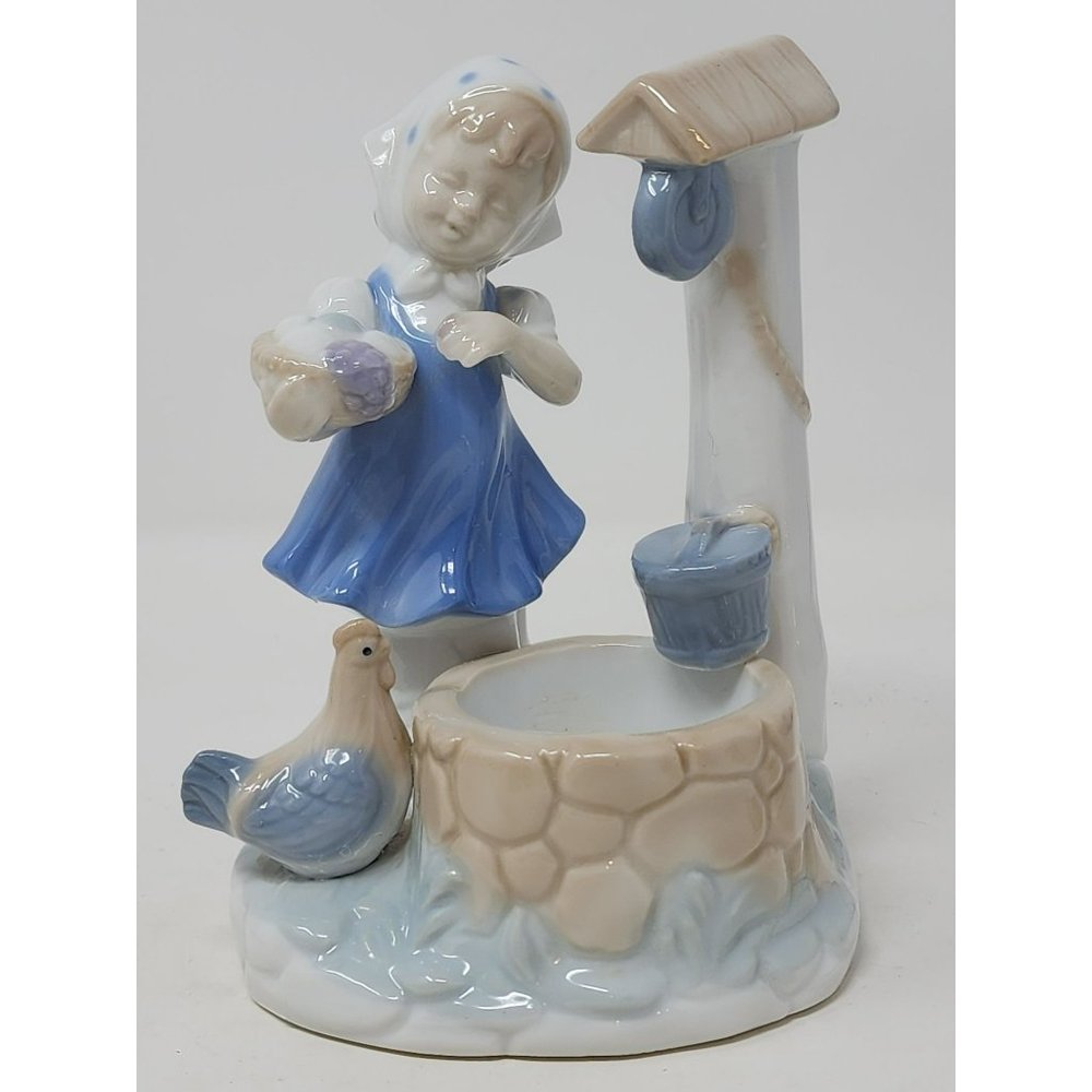 Vintage‎ Colonial Candle Japan Figurine Girl Well Basket Eggs Hen Bucket